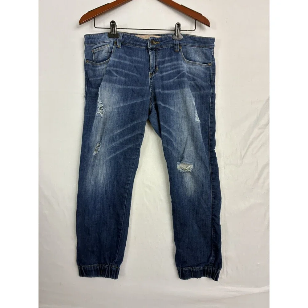 GUESS Men's Distressed Blue Denim Jogger Jeans Size 31 Stretch Tapered Cuffed